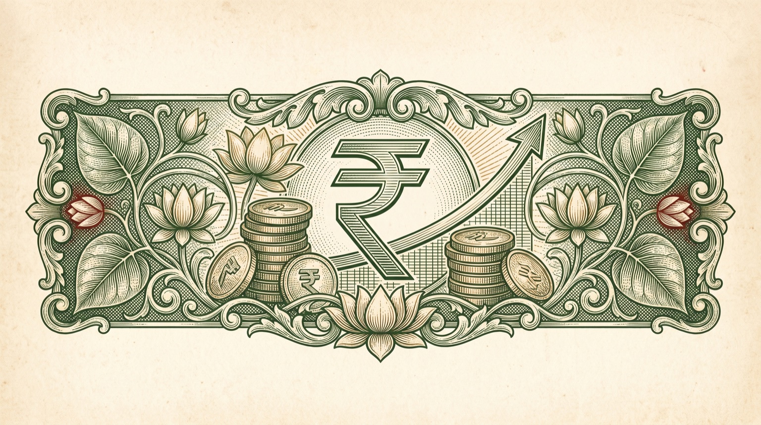 Engraved almanac illustration of Indian wealth: rupee symbol, stacked coins and a rising compound-interest curve.